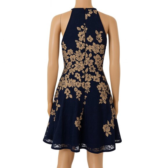 Xscape Navy Floral Halter Fit & Flare Lined Cocktail Dress - Size 10 - Picture 2 of 3